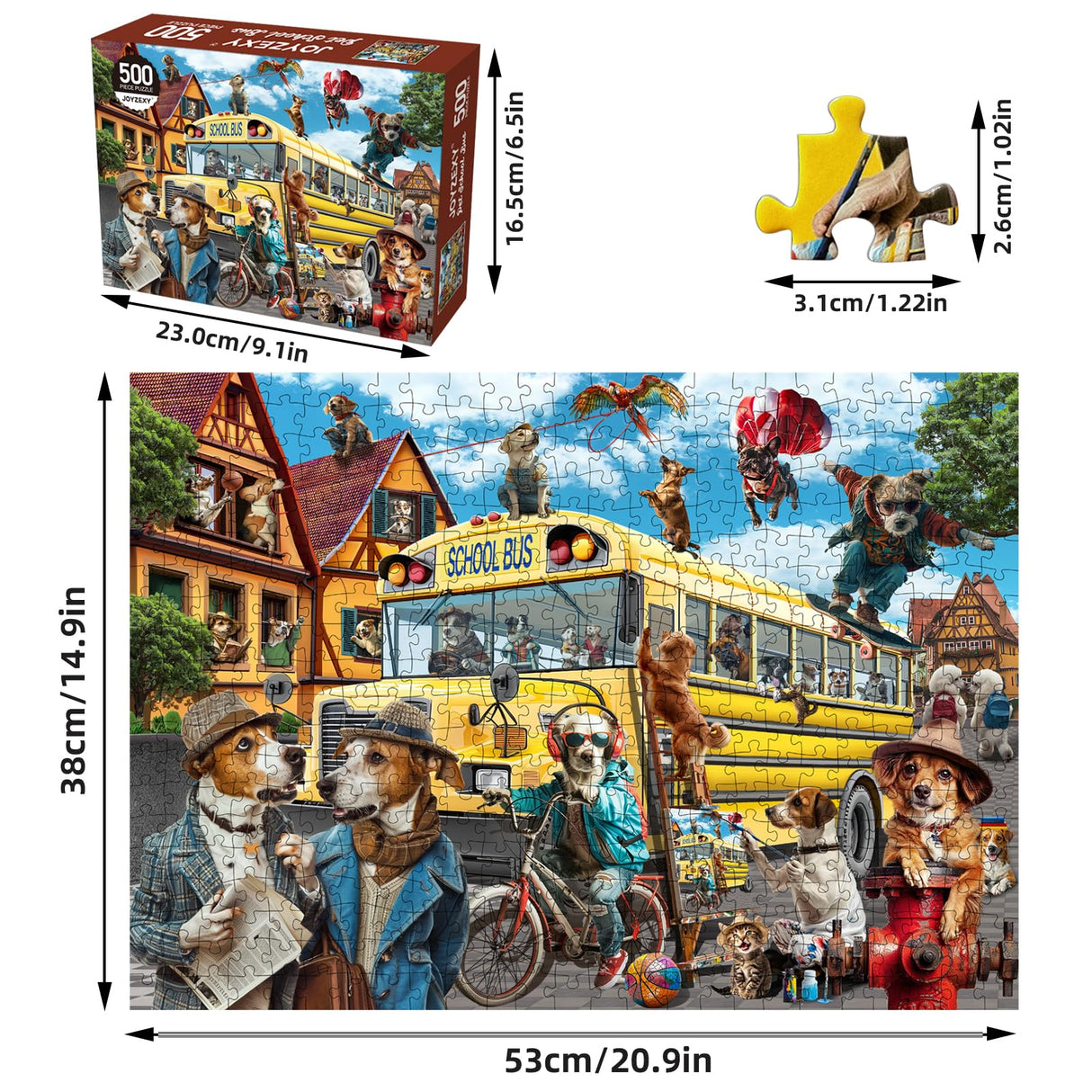 JOYZEXY Puzzles for Adults 500 Pieces, Pet School Bus 500 Piece Puzzle Family Game Funny Dog Jigsaw Puzzles JOYZEXY