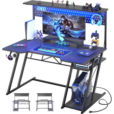 Gaming Computer Desk with Power Outlets, Gaming Desk with Hutch and LED Lights, Reversible PC Gaming Desk with Pegboard, Carbon Fiber Black, 47"