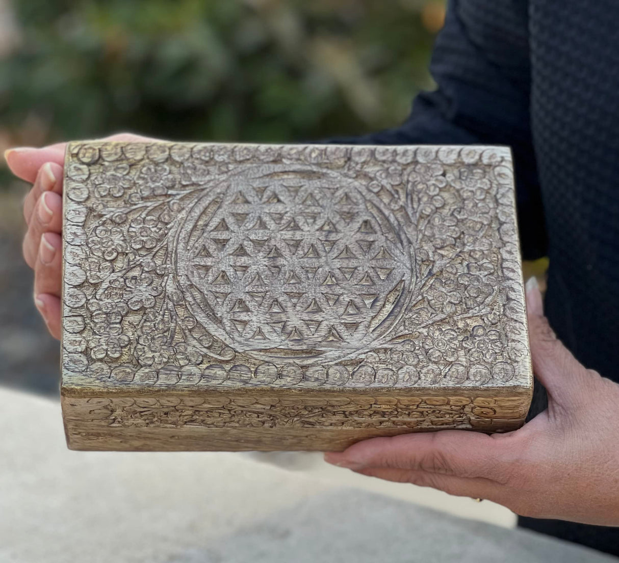 DharmaObjects Hand Carved Jewelry Trinket Keepsake Wooden Storage Box (Large, Flower Of Life) DharmaObjects