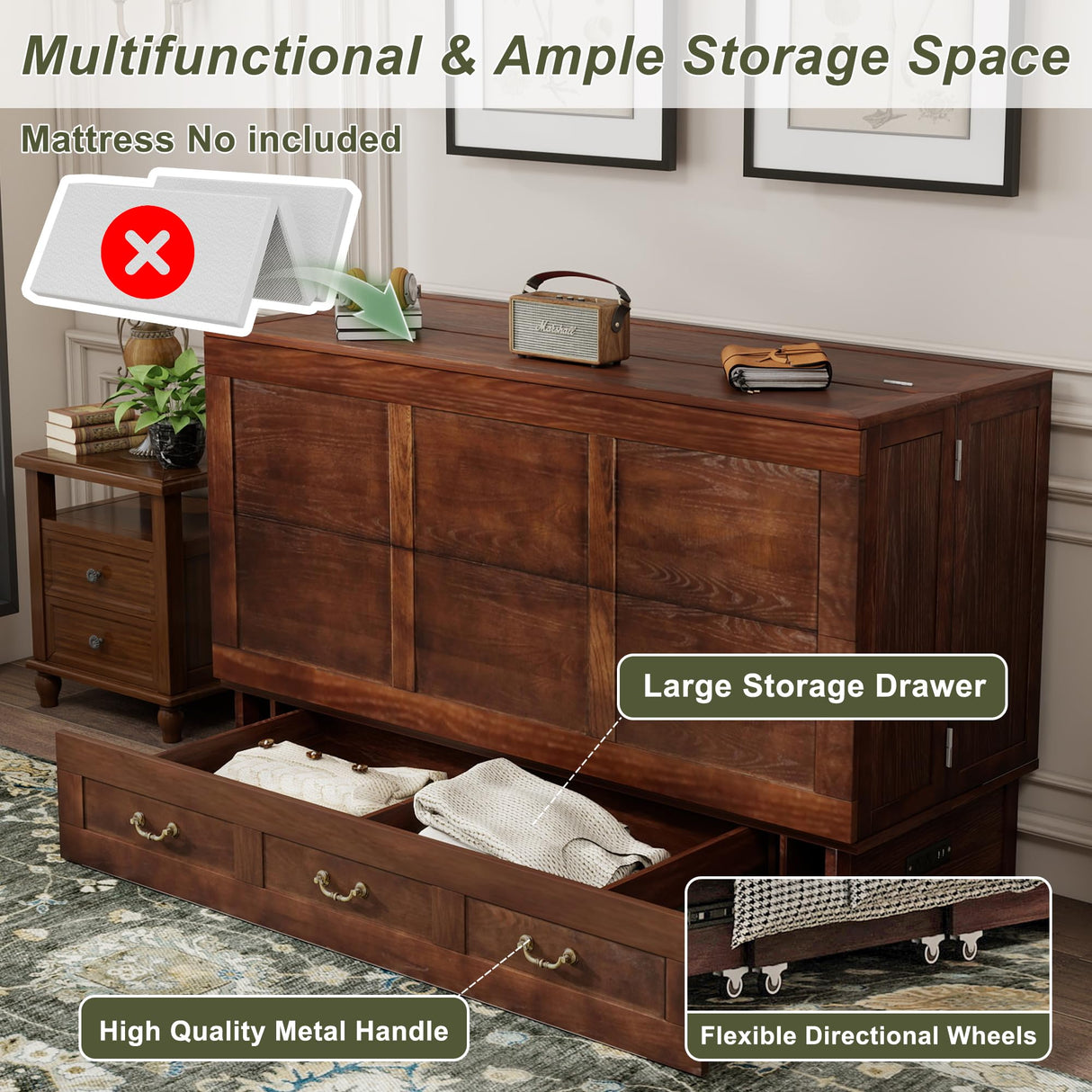 EITACHUL Solid Wood Murphy Storage Bed: Queen Size Murphy Bed with USB Port and Strong Drawer for Bedroom/Guest Room/Living Room(Mattress Not Included) Shadow Black-16 EITACHUL