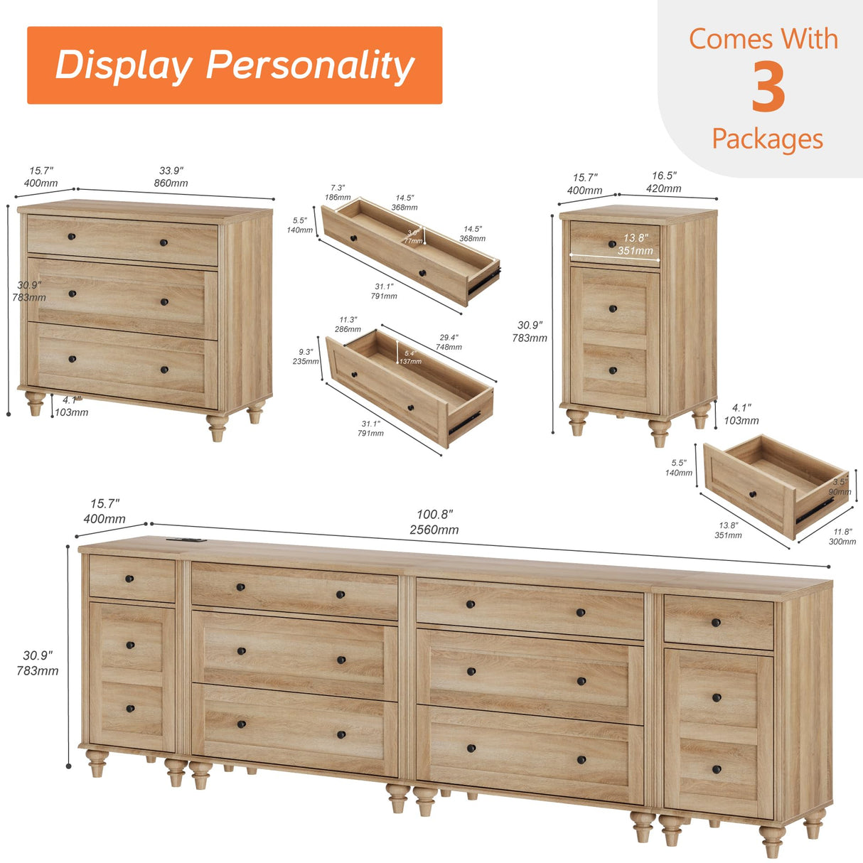 WAMPAT Dresser for Bedroom with 8 Drawers and 2 Storages, Nightstands with Charging Station for Living Room, Oak Kids Dressers with Wide 3 Chest of Drawers, for Nursery, Hallway WAMPAT