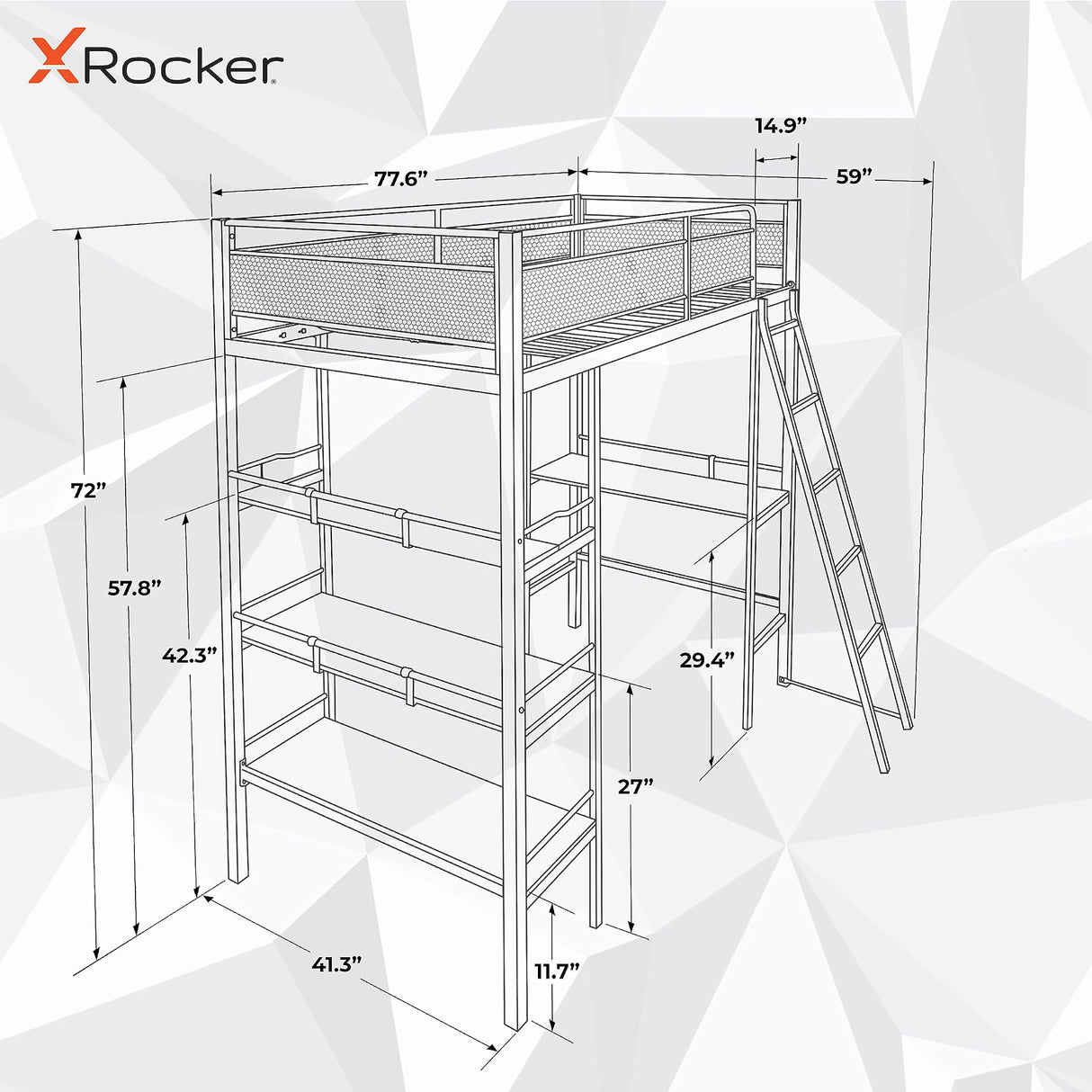 X Rocker Fortress Video Gaming Twin Loft Bed, Durable Black Metal Bed Frame, Built-in Desk and 3 Shelves, 77.64" x 59.17" x 72.05" X Rocker