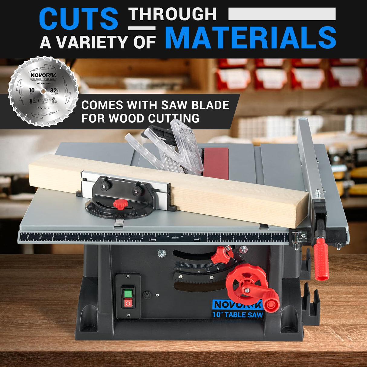 NOVORIK 10“ Portable Table Saw, 10 Inch Heavy-Duty Table Saw with 15 Amp Motor, Benchtop 10-Inch Table Saw with TCT Saw Blade for Woodworking Included novorik