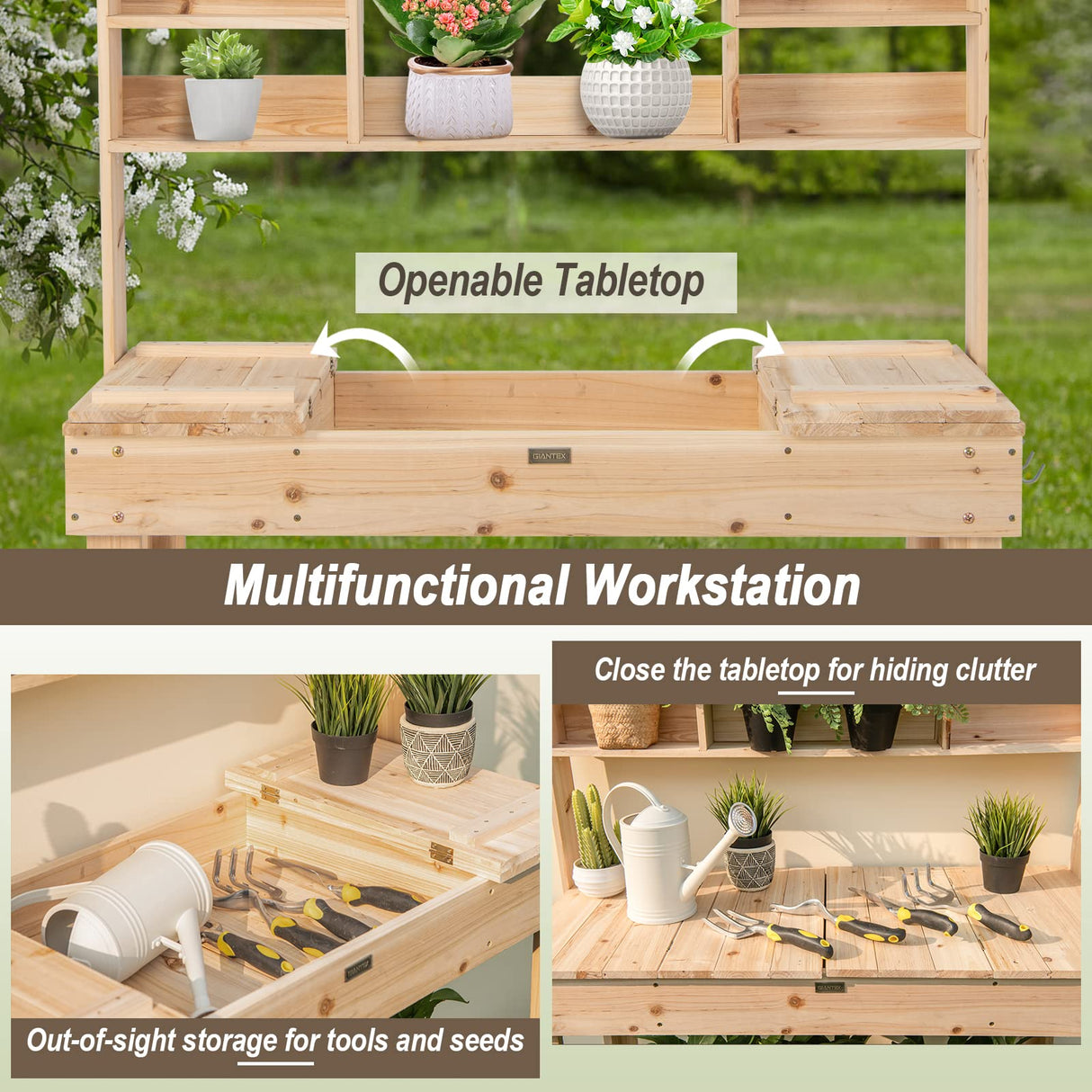 Giantex Garden Potting Bench Table, Large Workbench Table with Shelves, Openable Tabletop Hidden Storage Cabinet, 3 Hooks, Outdoor Wooden Workstation for Patio Garden Garage, 43.5"x19.5"x 60.5" Giantex