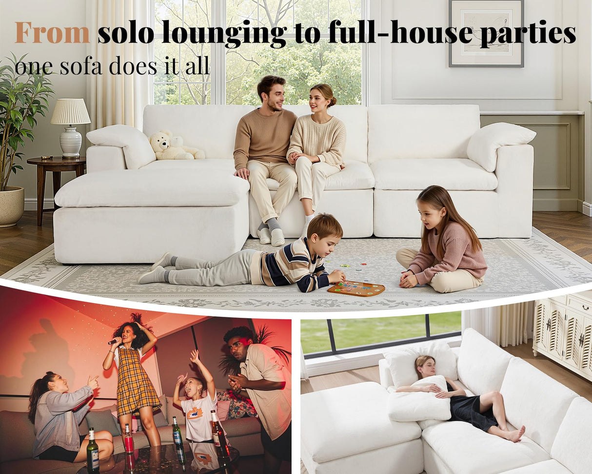 Jocisland 130 inch Cloud Couch Sectional, No-Assembly Modular Sectional Sofa with 83.5 inch Deep Chaise, Oversize Cloud Couch for Living Room, White Chenille Jocisland