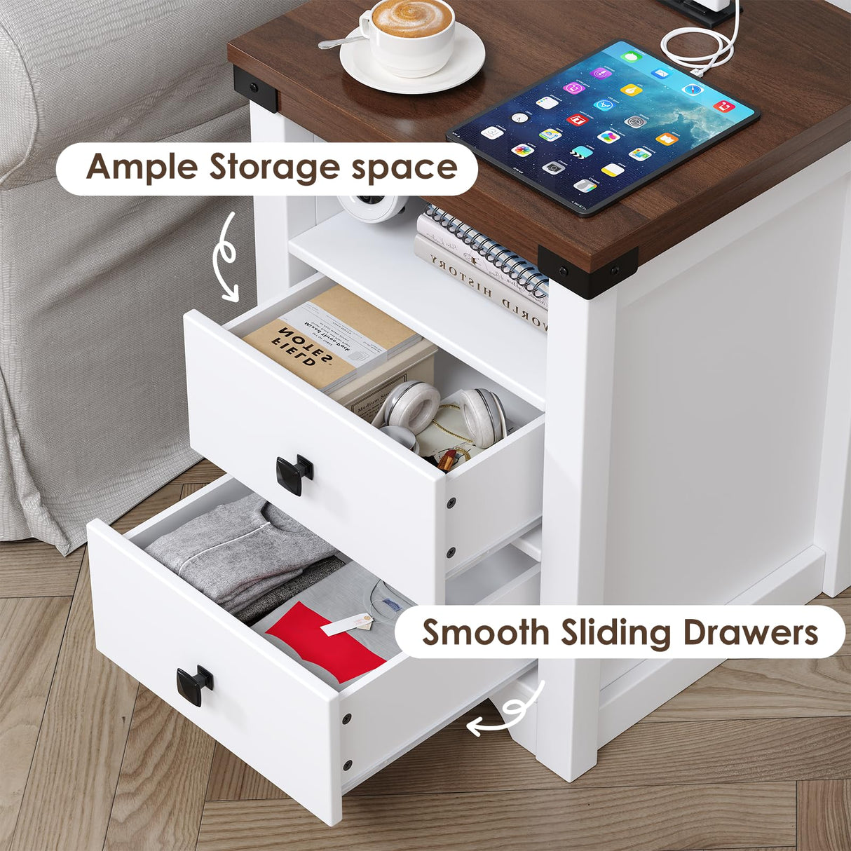 Airynee Nightstand with Charging Station, Farmhouse Nightstand with LED Lights, Modern Rustic Side Table with 2 Storage Drawers, Wooden End Table for Bedroom, Antique White Airynee