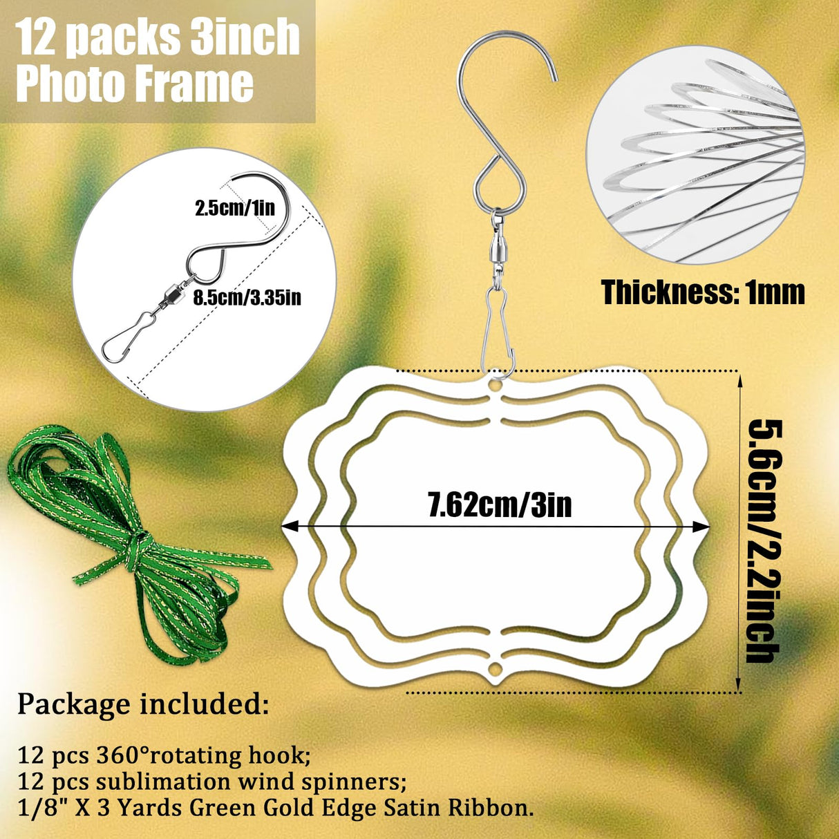 WindMage 12 Pack 3inch Sublimation Wind Spinner Blanks 3D Aluminum Metal Wind Sculpture Kinetic Spinners for Yard and Garden Indoor Art Sublimation Christmas Ornament Hanging Decoration (Photo Frame) WindMage