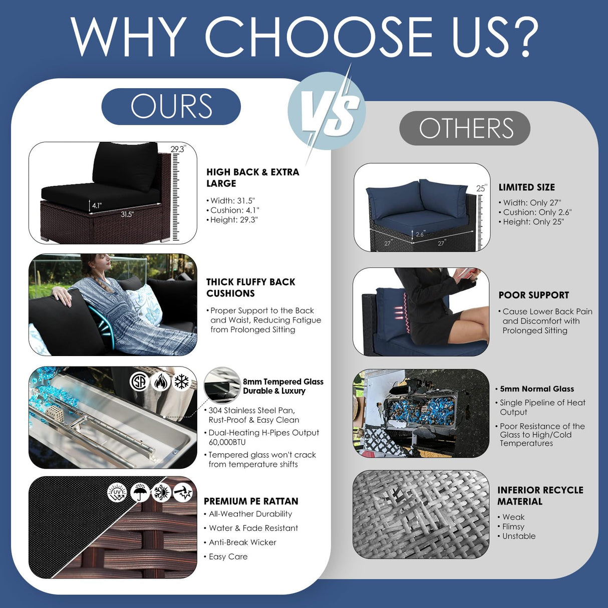 NICESOUL Outdoor Patio Furniture Set with Fire Pit Natural Gas/Propane, 29.3'' High-Back XL Large Conversations for Exteriors, 9-Seater Wide Deep Seating Rattan Sectional Sets, Brown and Black NICESOUL