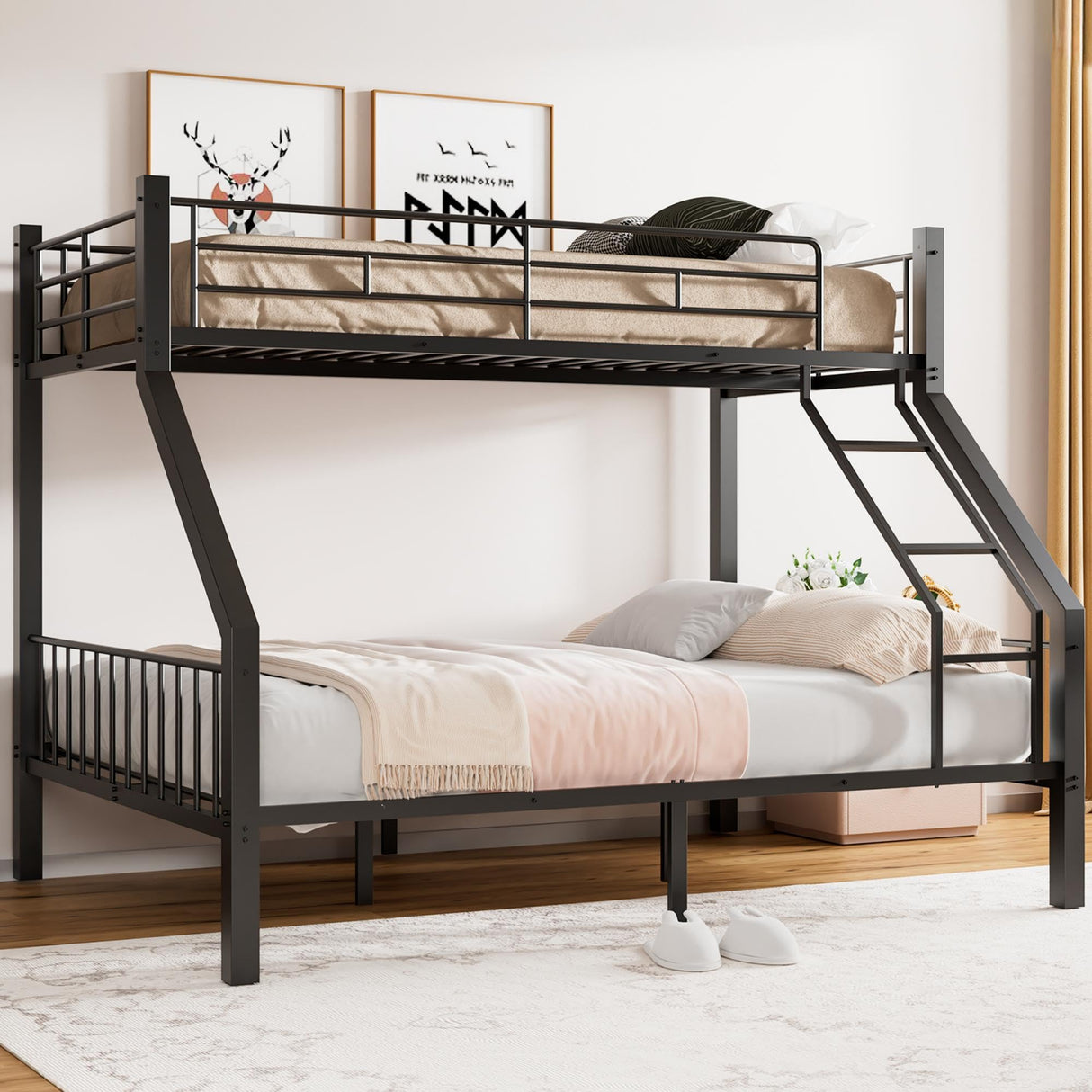 Miscoos Twin XL Over Queen Bunk Bed, Heavy Duty Bunk Bed with Safety Ladder and Full-Length Guardrails, Metal Queen Bed Frame with Slats Support for Adults, Teens, Kids, Black Miscoos