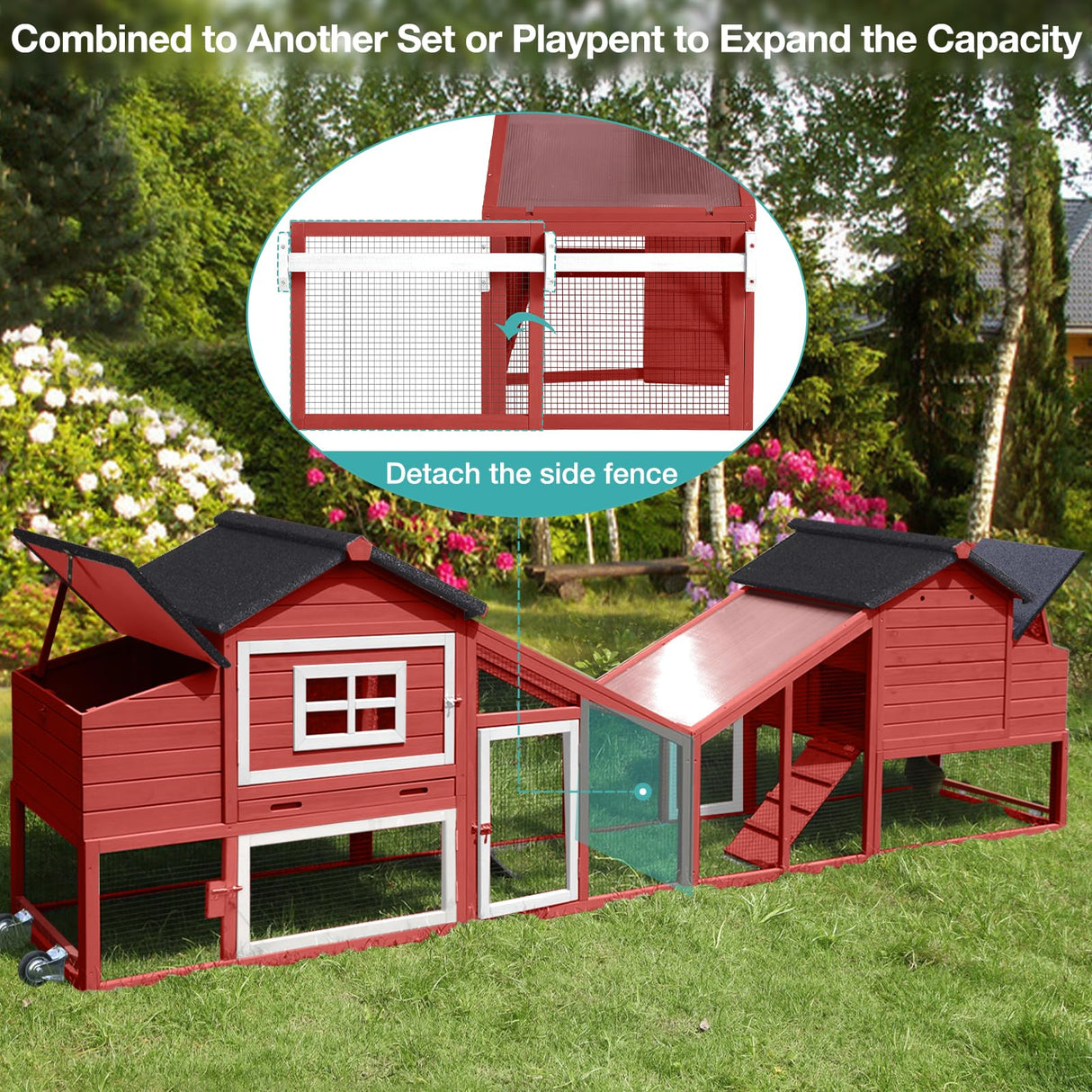 Chicken Coop, Mobile Chicken House with with Wheels, Outdoor Hen House Poultry Cage with Nesting Box, Leakproof Pull Out Tray and UV-Resistant Roof,Rabbit Hutch Duck Coop (Red) Suumerpety