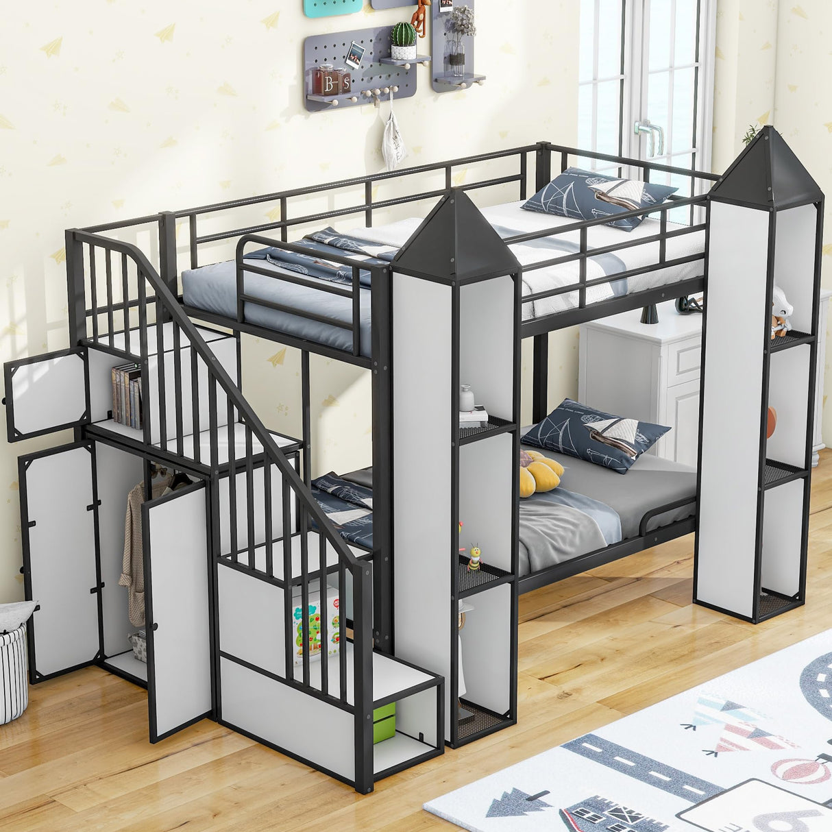 Harper & Bright Designs Twin Over Twin Metal Bunk Bed with Stairs and Storage Wardrobe, Castle-Shaped Bunk Bed Heavy-Duty Steel Frame, Noise Free,for Kids Teens Adults, Black+White Harper & Bright Designs