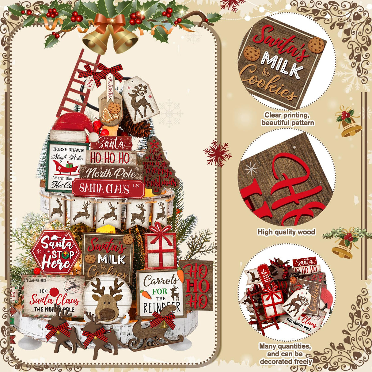 CroBlissful 23 Pcs Christmas Tiered Tray Decor Snowman Farmhouse Decor Christmas Sign Winter Table Centerpieces Winter Wood Blocks Signs for Home Shelf, Without Tray(Red,Elk) CroBlissful