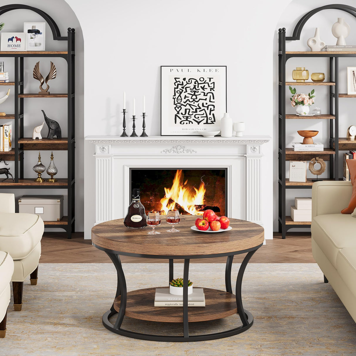 Condemo Round Coffee Table for Living Room, 2-Tier Circle Coffee Table with Storage, Accent Center Table Modern Design, Rustic Brown and Black Condemo