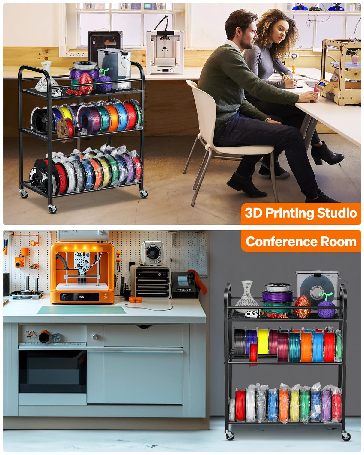 AHOWPD 3D Printer Filament Storage Rack- Rolling Filament Spool Holders Racks with Wheels, Heavy Duty Metal Shelf for PLA/ABS/TPU/Nylon, Filaments Organzied for 3D Printing Studio, Office Workshop AHOWPD