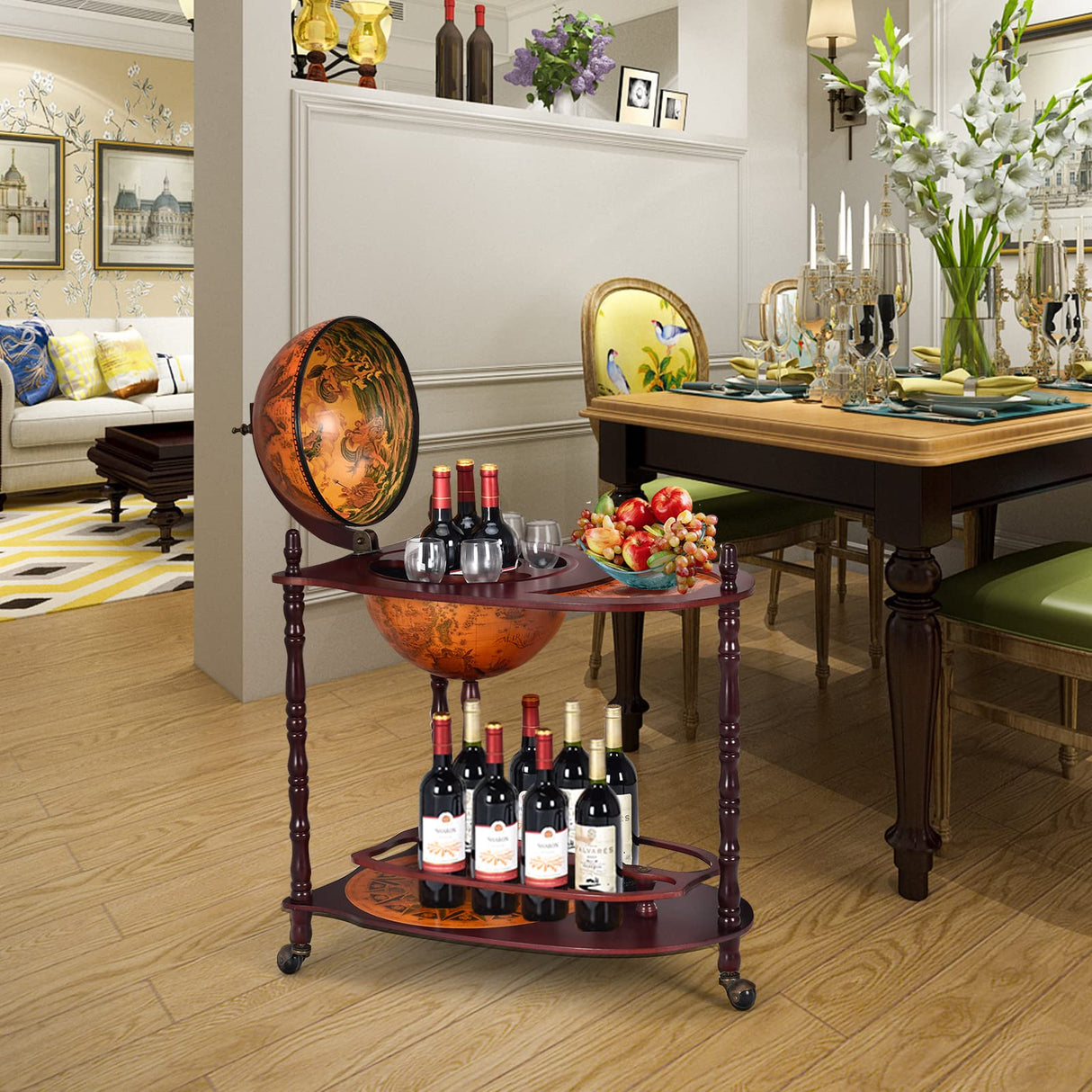 Goplus Globe Bar, 34.5” Globe Bar Liquor Cabinet with Wheels, Bottom Shelf, Old World Map, 16th Century Italian Replica Bar Globe, Retro Wine Stand, Goplus