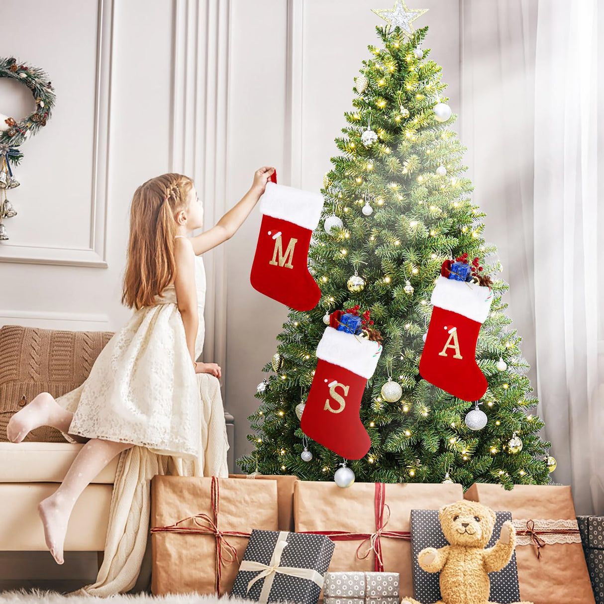 20 Inches Monogram Christmas Stockings with Letters, Large Super Soft Christmas Stockings Red Velvet with White Super Soft Plush Cuff for Christmas Xmas Tree Holiday Fireplace (S) Sailup