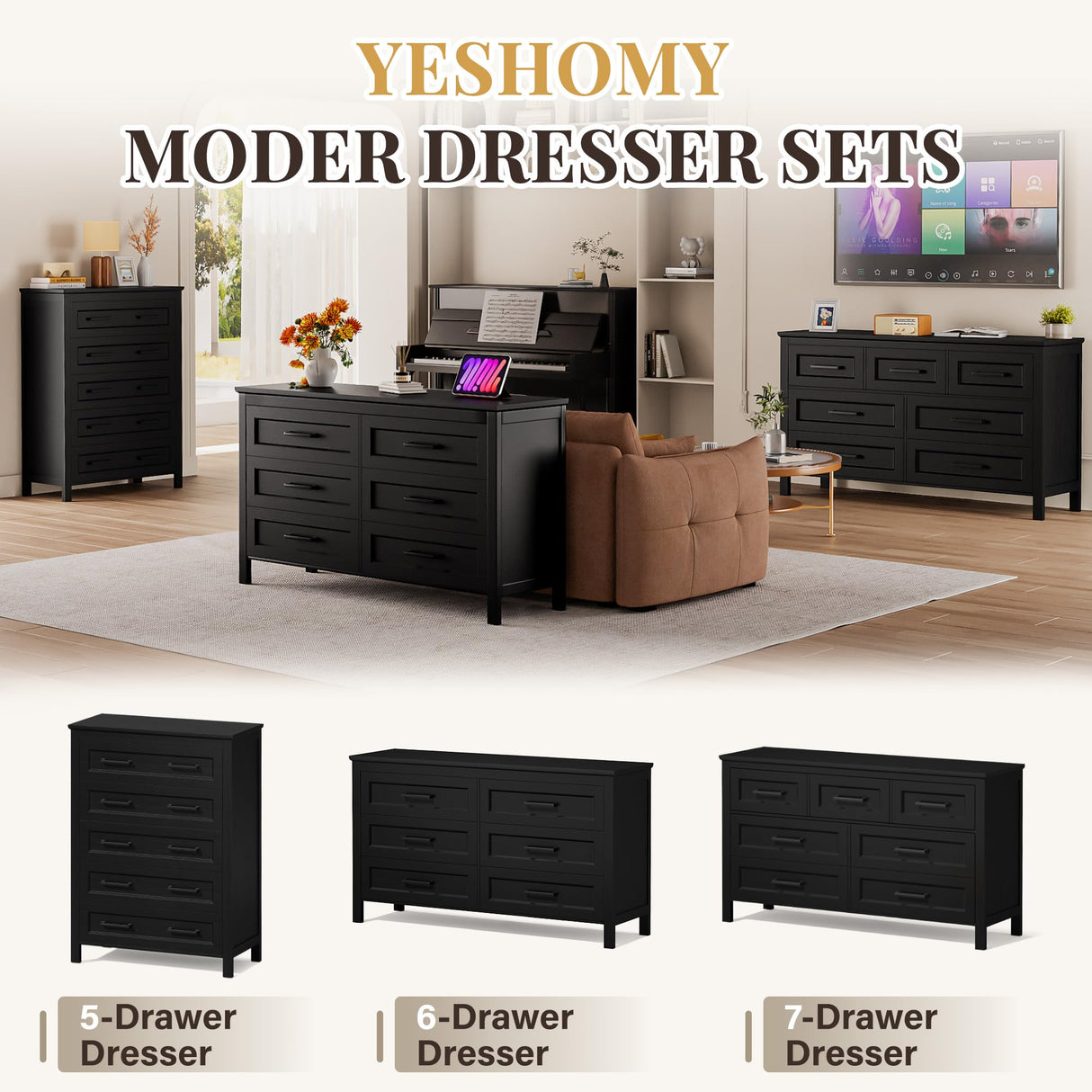 YESHOMY Black Dresser for Bedroom, Wooden 6 Drawer Dresser, Closet Storage Organizer Chest of Drawers for Living Room, Hallway, Closet