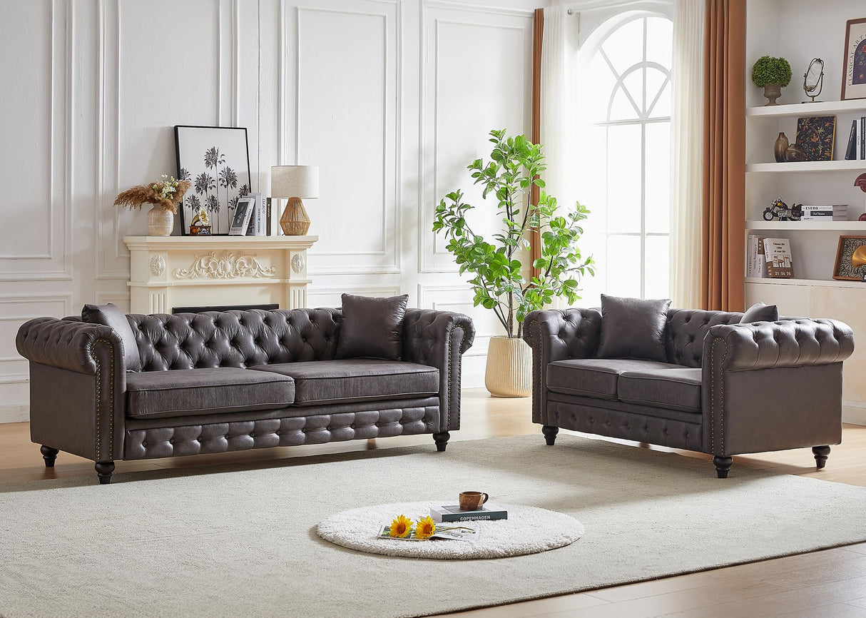 Mid Century Modern Couch, 85.5"W High-tech Fabric Button Tufted Oversized Loveseat Sofa with Nailhead Trim & Roll Armrests, Deep Seat Comfy Chesterfield Sofa for Living Room, Office(3 Seater, Grey) JEEOHEY