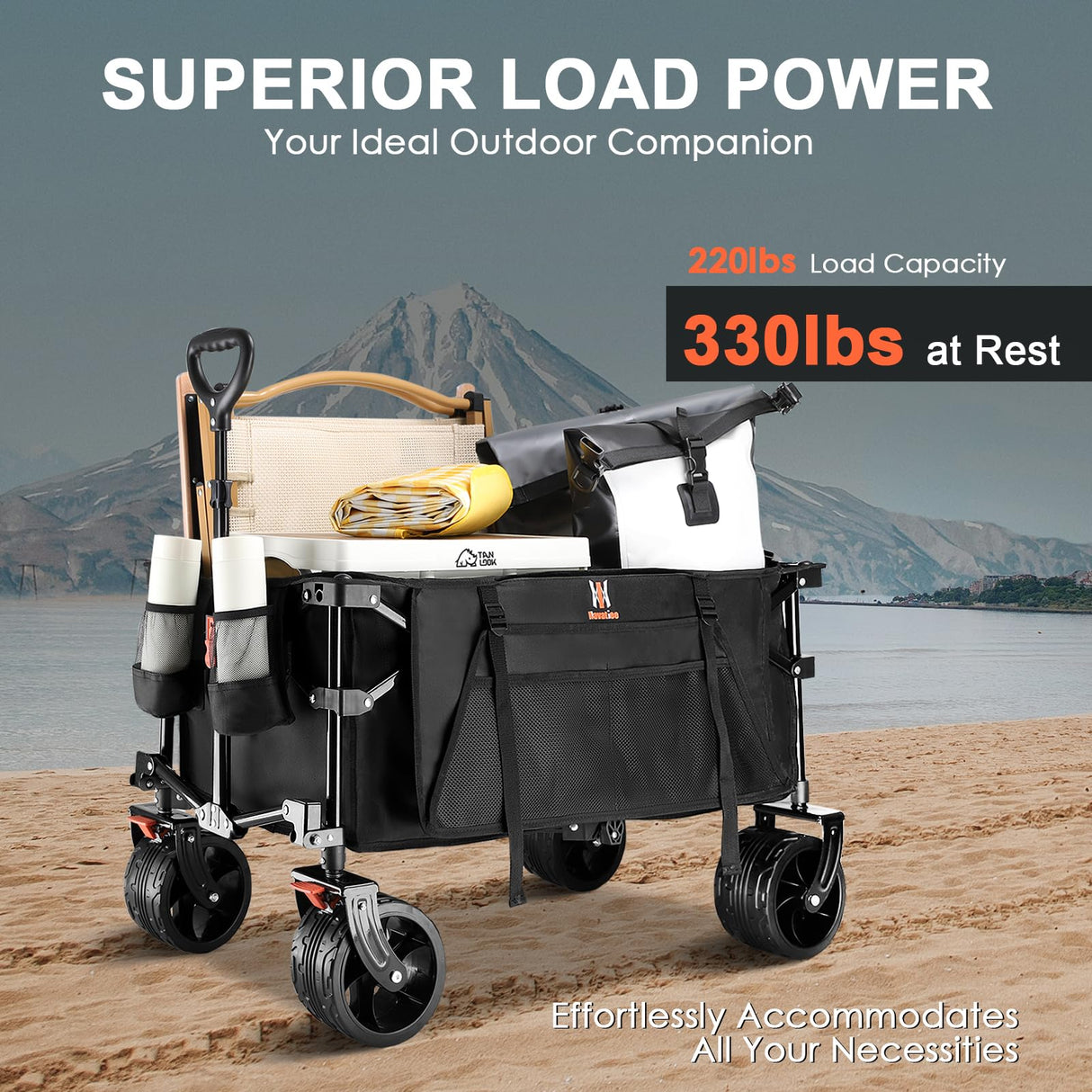 Navatiee Collapsible Folding Wagon, Beach Wagon Cart Heavy Duty Foldable with Big Wheels, Utility Grocery Wagon with Side Pocket and Brakes for Camping Garden Sports, T1 Navatiee