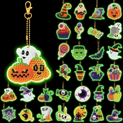 WILLBOND 30 Pcs Glow in Dark Halloween Diamond Art Keychain Ornaments DIY Double Sided Halloween Luminous Diamond Painting Keychain Kits for Adults Key Ring Art Pendant Tree Decor