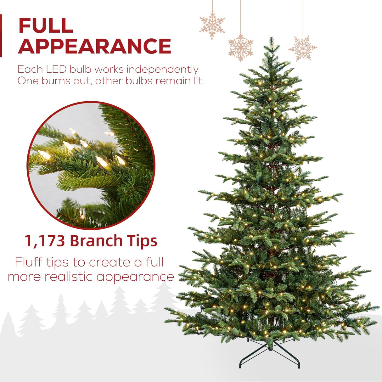 Hykolity 7.5 ft Prelit Aspen Fir Christmas Tree, Artificial Christmas Tree with 450 Warm White LED Lights, 1173 PE&PVC Branch Tips, Metal Stand and Hinged Branches hykolity