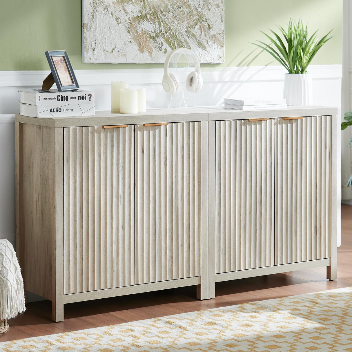 OAKHAM HOME Oxford Storage Cabinet Fluted Sideboard Buffet Cabinet with Adjustable Shelves, Modern Accent Cabinet Multifunctional Console Cabinet Set of 2.(Grey Oak) OAKHAM HOME