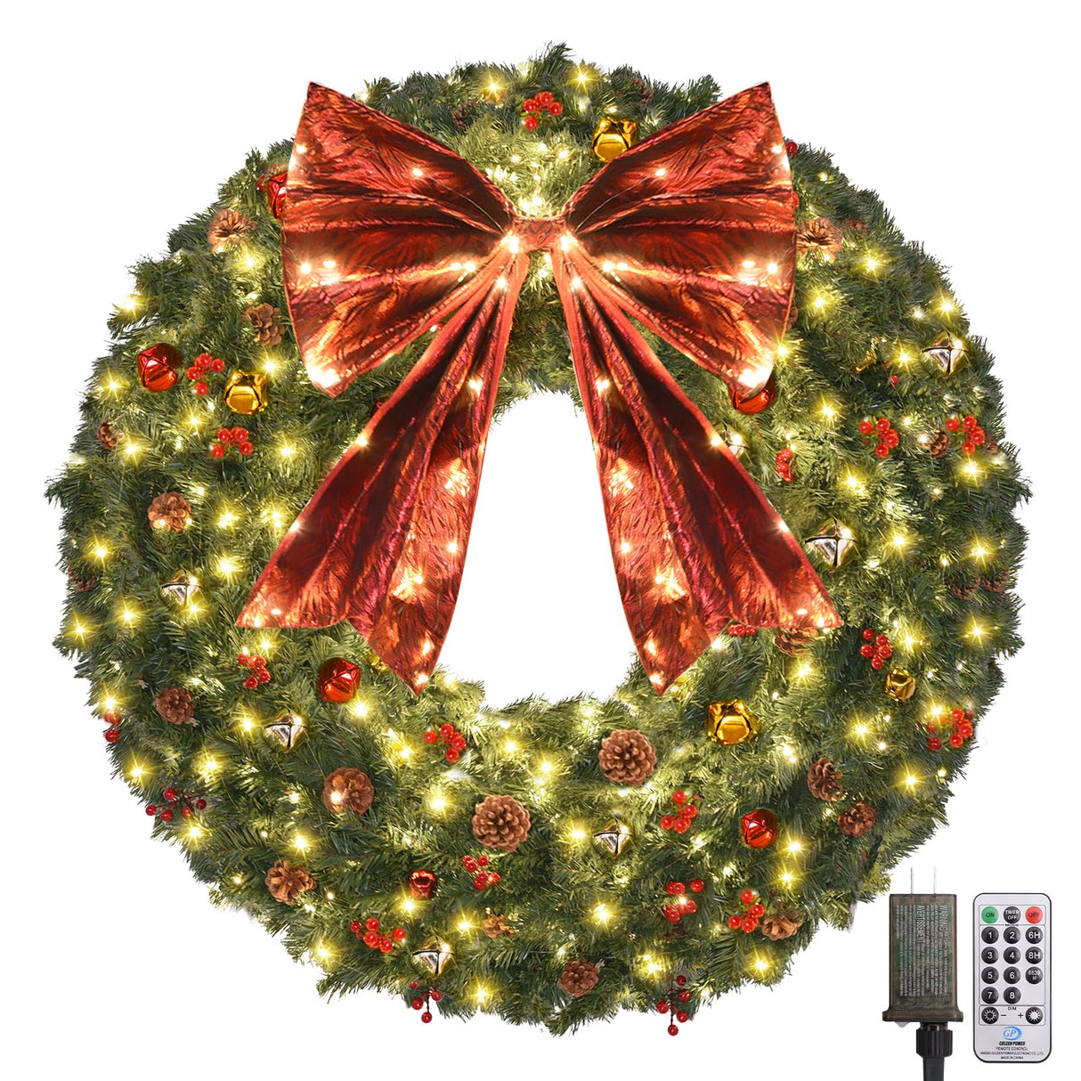 48inch Large Christmas Wreath - Outdoor Christmas Wreath with 300 Lights and Timer Remote Control, Red Bows, Jingle Bells, Pine Cones, Berry Clusters - 720 PVC Tips Artificial Pre Lit Xmas Wreaths Vuskly