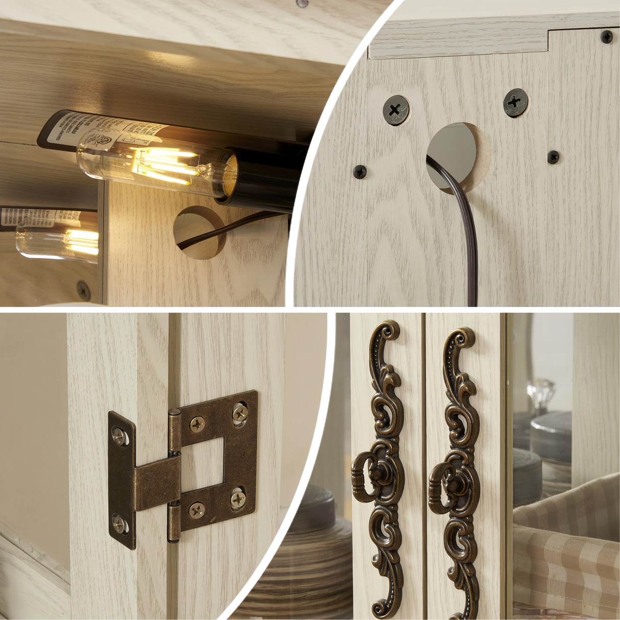 Curio Cabinet with Tempered Glass Doors, Lighted Display Cabinet with Mirrored Back Panel and Adjustable Shelves, Retro Floor Storage Cabinet Wooden Organizer Unit for Living Room, Antique White BAOMKONG