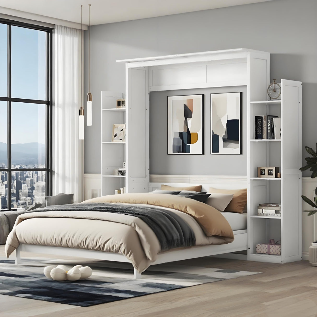 PVWIIK Queen Size Murphy Bed with 5-Tier Shelves and LED Lights,Foldable PlatformBed Vertical Wall Bedframe for Small Space,Bedroom,Guest Room,White PVWIIK