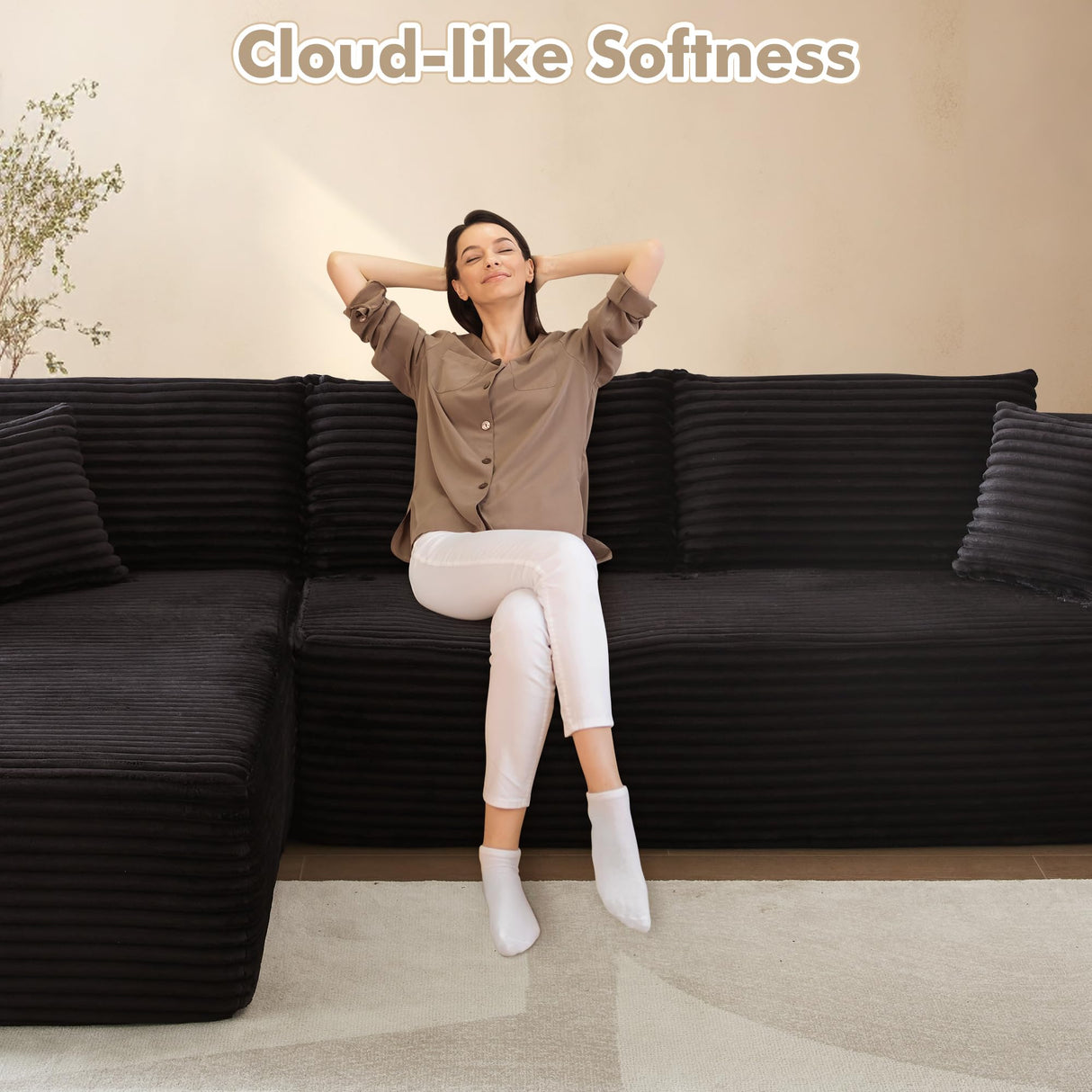 106" Cloud Sectional Couch with Chaise Longue,L Shaped Modular Modern Sofa,Comfy Corduroy Fluffy Couch with Deep Seat,No Assembly Required Couch for Living Room(Left,Plush Corduroy,Black) weaxty W