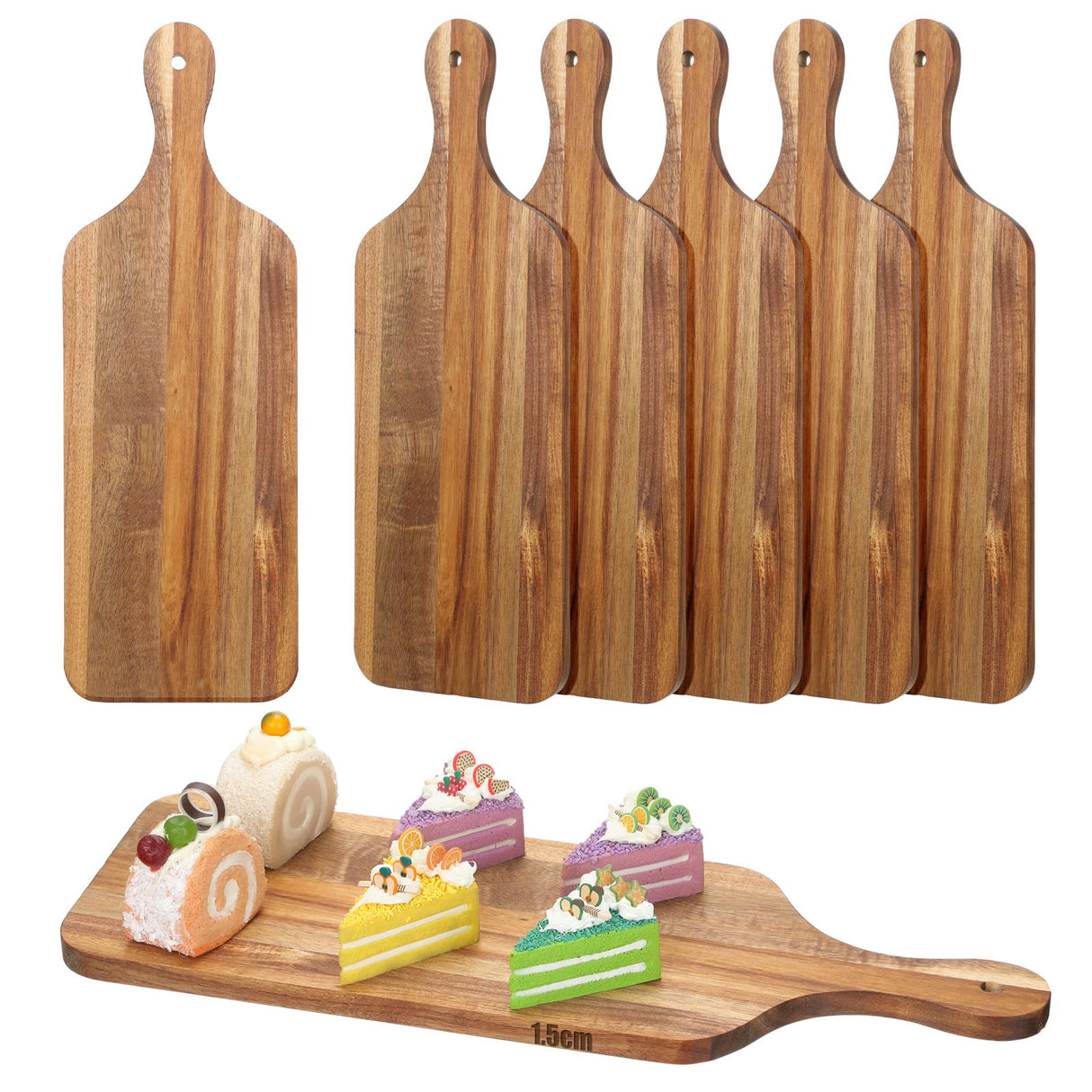Rtteri 6 Pcs Acacia Wood Cutting Board Bulk Kitchen Thicken Chopping Board with Handles 17 x 6 Inch Wooden Charcuterie Serving Board Blank Wood Boards for Engraving Wedding Housewarming Gift Rtteri