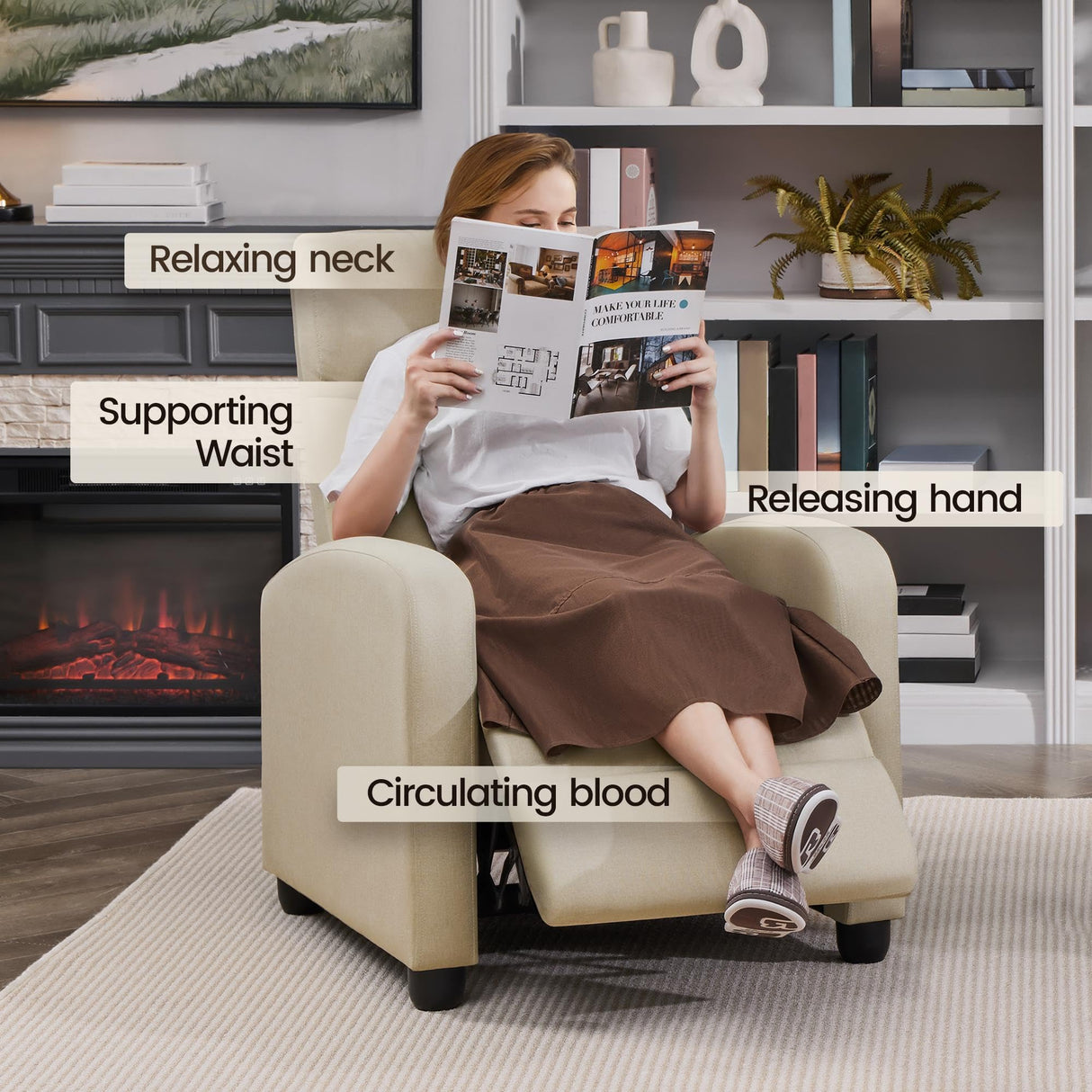 Topeakmart Fabric Recliner Sofa Push Back Recliner Chair Adjustable Modern Single Reclining Chair Upholstered Sofa with Pocket Spring Living Room Bedroom Home Theater Beige Topeakmart