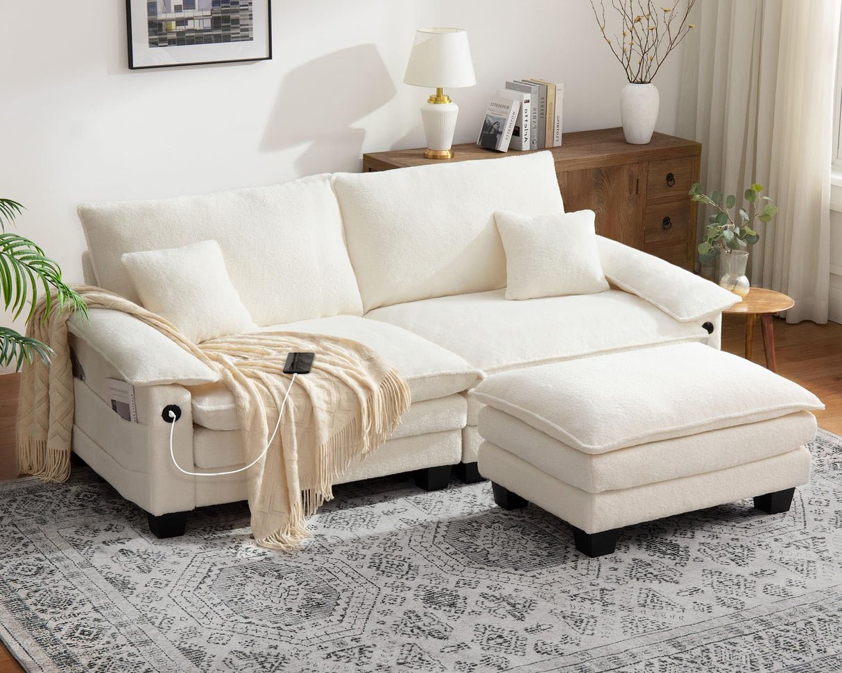 DURASPACE Modular Sectional Sofa L Shaped Cloud Couch with USB, Side Pocket, 76.8’’ Loveseat with Movable Ottoman, Comfy Deep Seat Sleeper Sofa for Living Room, Apartment, Office (Boucle White) DURASPACE