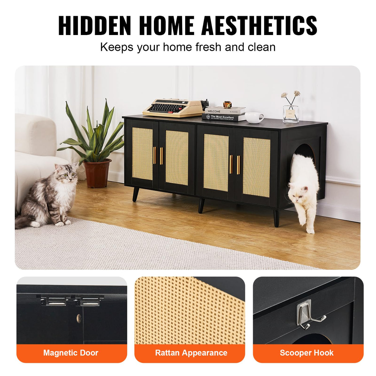 VEVOR Cat Litter Box Enclosure for 2 Cats, Litter Box Furniture Hidden with Rattan Decorated Doors, Wooden Cat Box Cabinet Fit Most of Litter Box, 47.2" L x 19.7" W x 21.7" H, Black VEVOR
