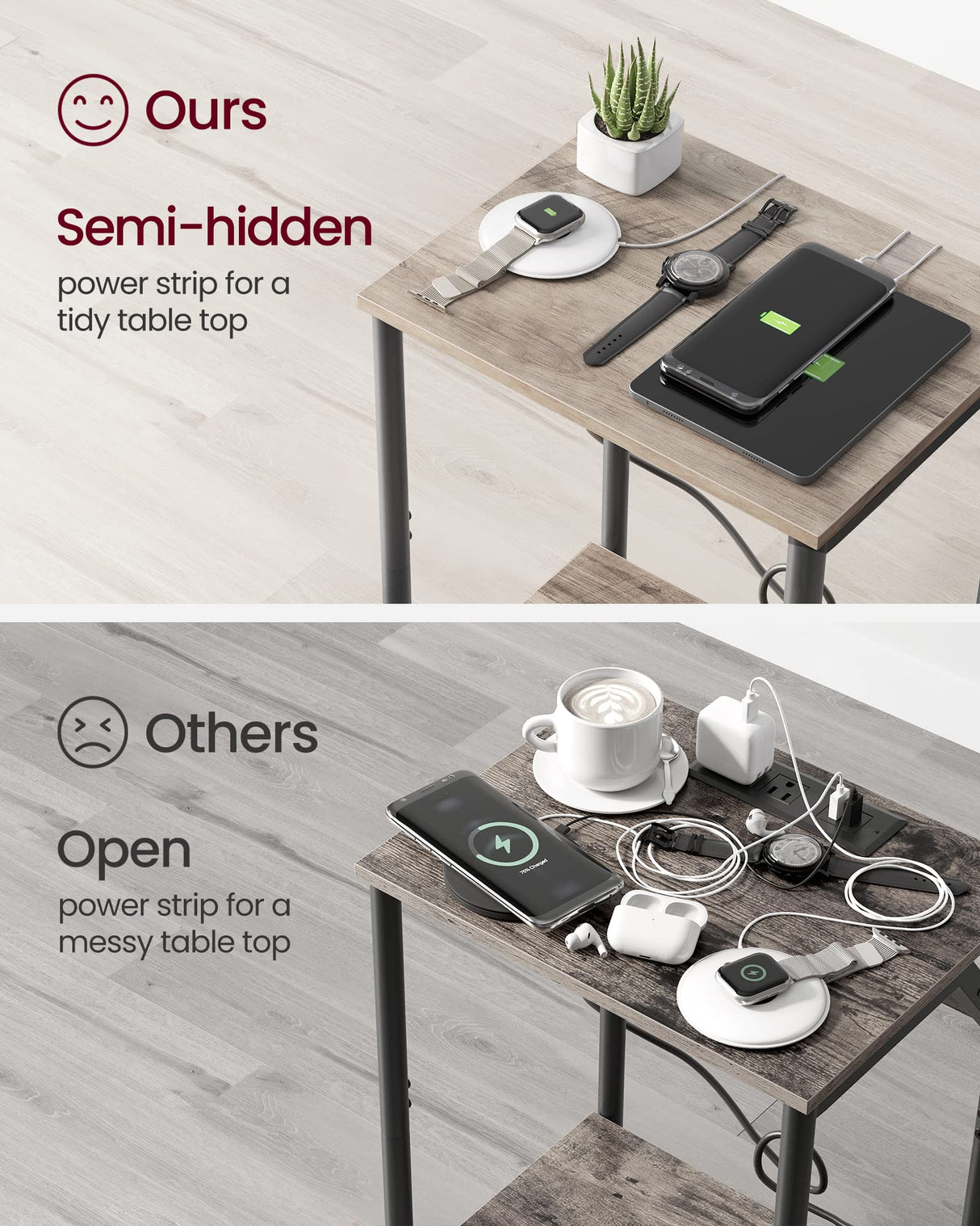 VASAGLE End Table with Charging Station, Set of 2, Small Side Tables for Living Room, Bedroom, Nightstand with Outlets and USB Ports, Bedside Table with Storage Shelf, Heather Greige and Black VASAGLE