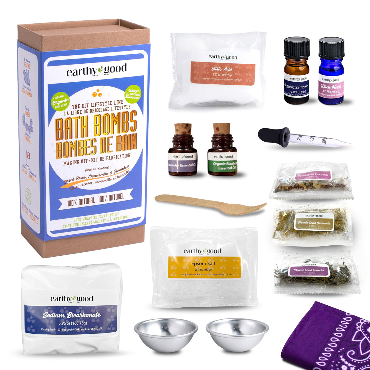 Earthy Good DIY Bath Bomb Kit With Organic Ingredients 100% Natural Includes: Essential Oils, Dried Rose, Chamomile & Lavender, Molds, Guide & More- Includes Furoshiki Cloth- Makes 10 Mini Bath Bombs Kiss Naturals