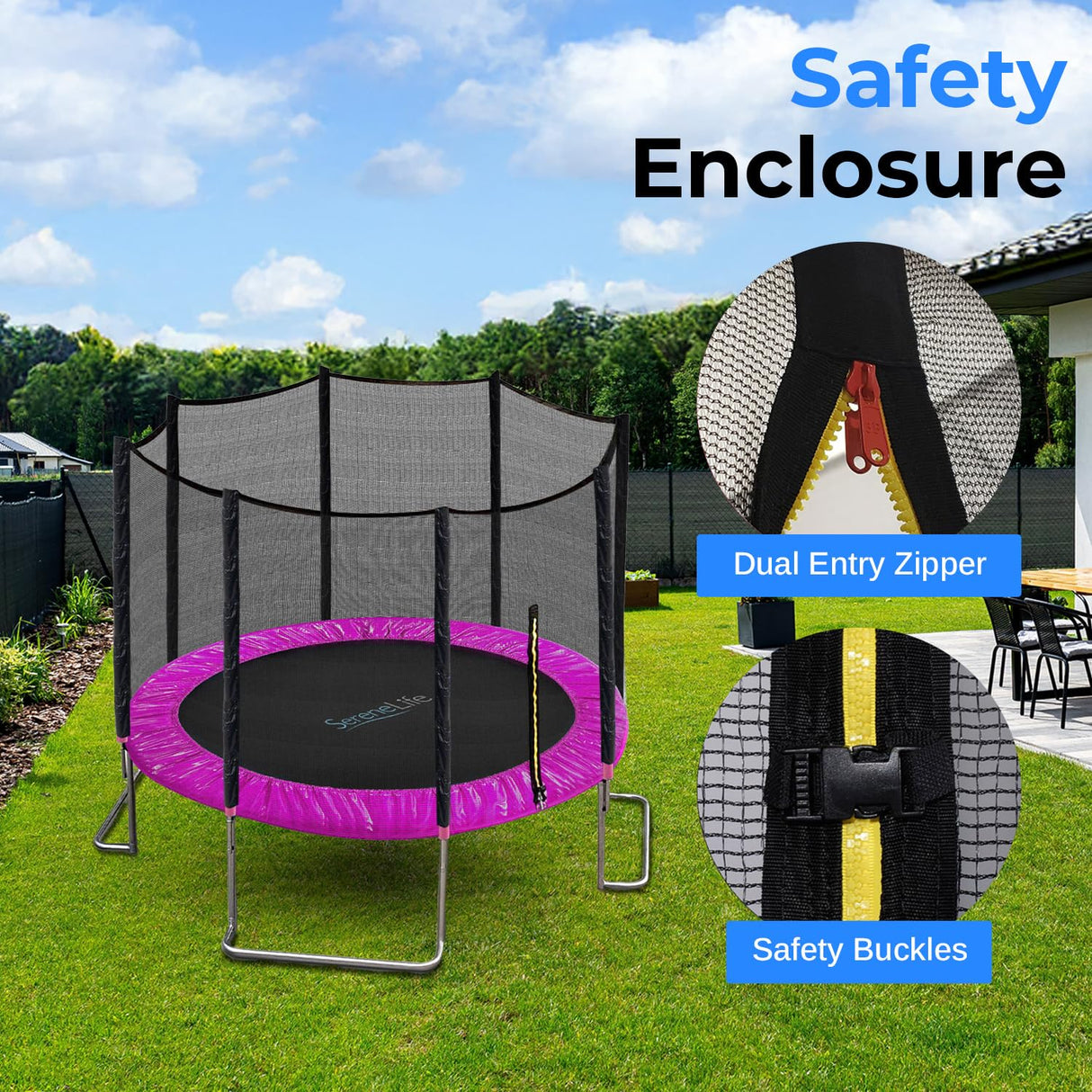 SereneLife 10FT Trampoline Outdoor – Heavy-Duty Backyard Trampoline for Kids and Adults with Wide Jumping Surface, Stable L-Shaped Legs, Safety Net, ASTM Approved, Supports 264 lbs., 120 x 120 IN SereneLife