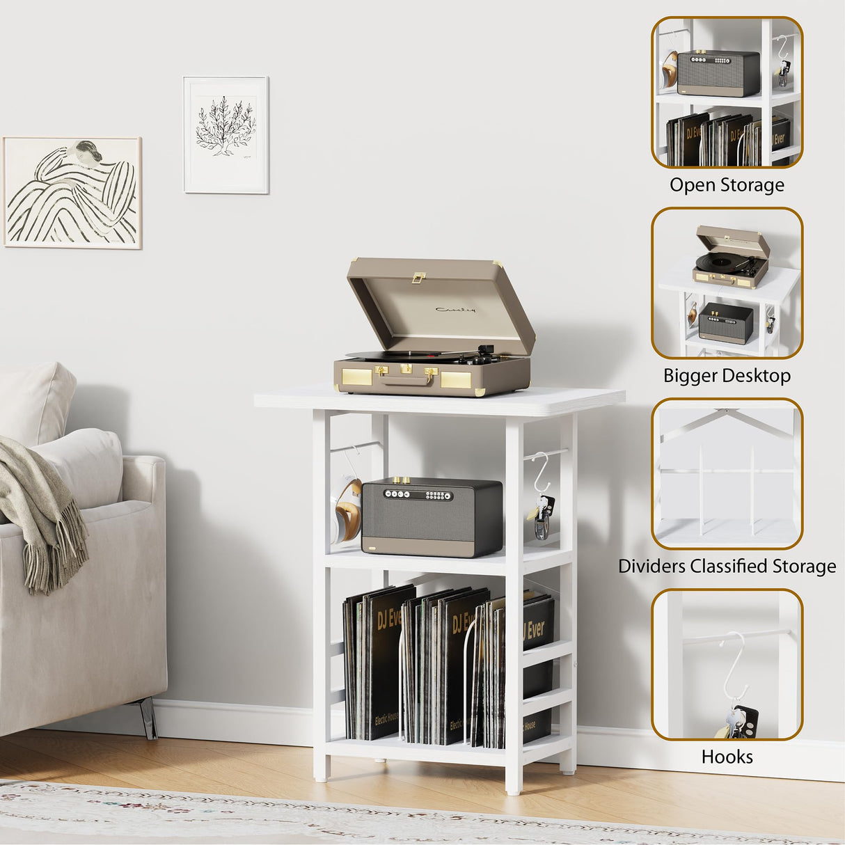YAKANJ Record Player Stand with Extended Desktop,Large Record Player Table with Vinyl Storage,Turntable Stand with Record Holder Vinyls Display Shelf for Music Room Studio,White YAKANJ