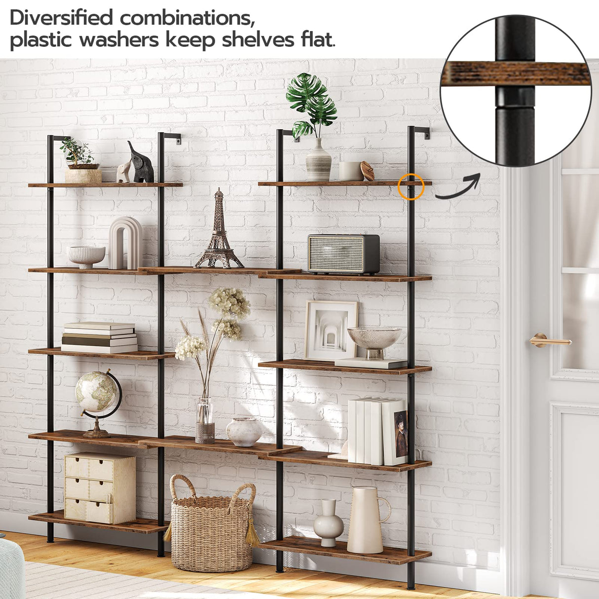 HOOBRO DIY Ladder Shelf, 6-Tier Wall Mounted Bookshelf, Office Vertical Bookcase, Wooden Storage Shelves for Home Office, Bedroom, Rustic Brown and Black BF65CJ01 HOOBRO