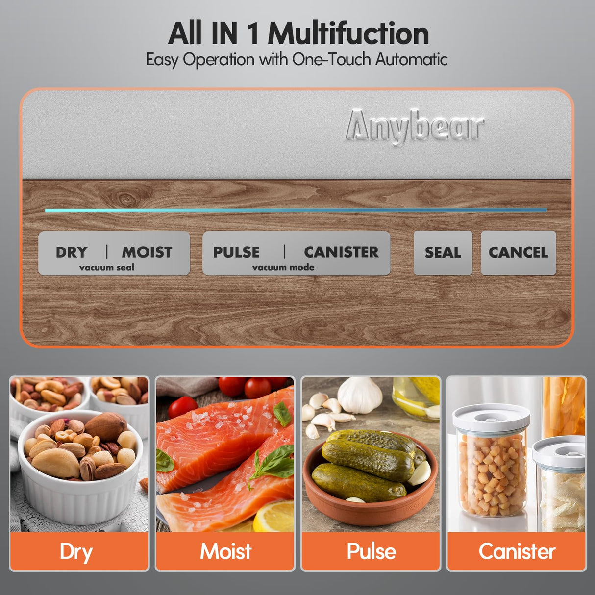 Anybear Vacuum Sealer Machine, 90kPa 120W Wide Seal All-IN-1 Powerful Food Storage, Build-in Cutter | Bags Storage | Digital Countdown Display | 2 Bag Rolls and 5pcs Pre-cut Bags (Silver Wood Grain) anybear
