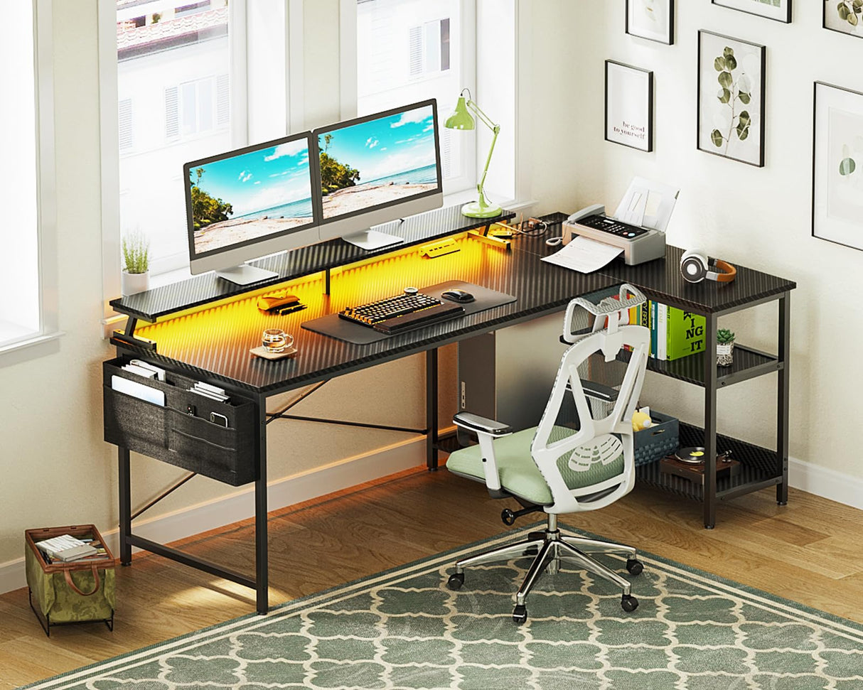ODK 66 Inch Gaming Desk with USB Charging Ports and LED Lights, Reversible L Shaped Computer Desk with Storage Shelves & Monitor Stand, Corner Gamer Desk Table with Power Outlets, Carbon Fiber Black ODK