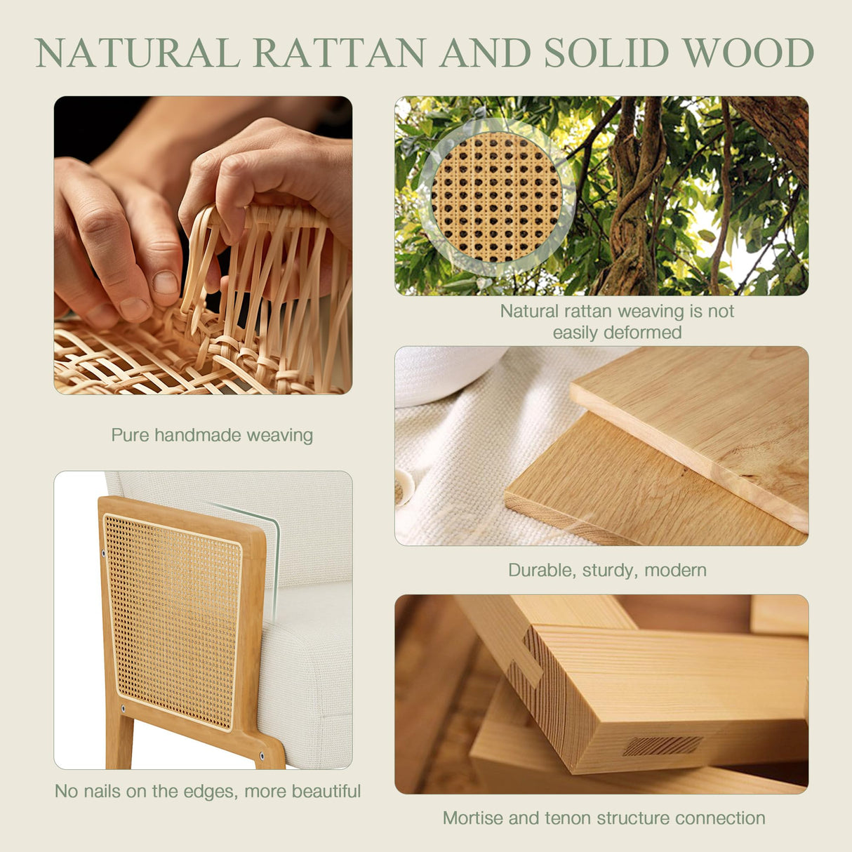 POINTANT Love Seat Settee Mini Couch Upholstered Sofa with Natural Rattan Armrest Backrest Couch Bench Loveseat for Living Room Bedroom Beige POINTANT