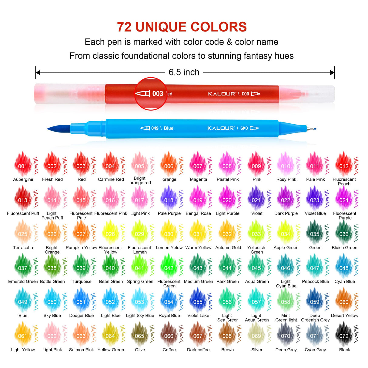 KALOUR 72 Art Markers Pens Set, Dual Tip Brush and Fine Point, Color Number and Name, Zipper Case, Adult Coloring, Lettering, Drawing KALOUR