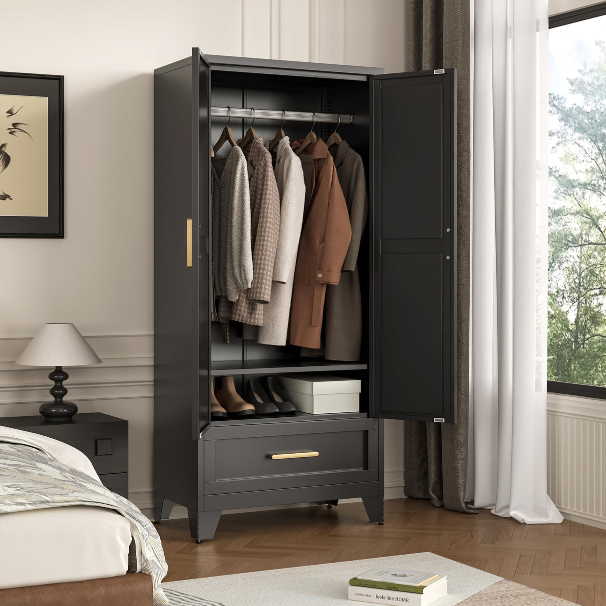 LCAOPC 71" Tall Metal Wardrobe Cabinet with Drawer and Hanging Rod, 2 Doors Armoire Wardrobe Closet with Shelf for Bedroom, Office, Laundry Room, Black LCAOPC