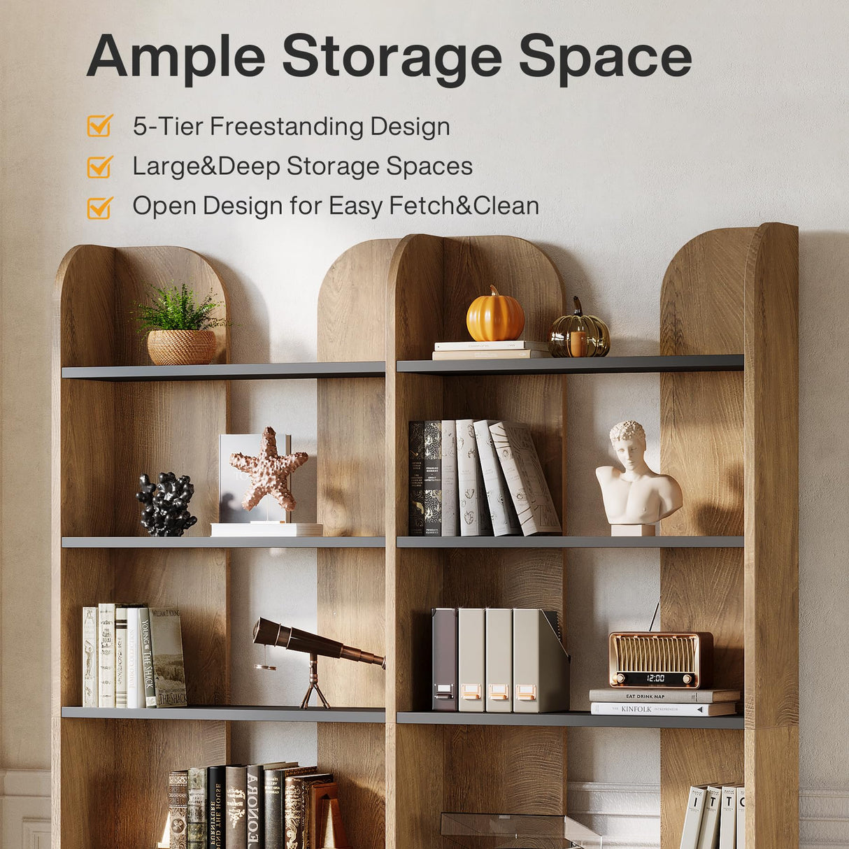 Tribesigns 70.87" Tall Farmhouse Bookshelf, 5-Tier Double Wide Bookcase with Open Shelves, Vintage Bookshelf for Living Room, Office, Study Room, Bedroom (1, Brown+Black) Tribesigns