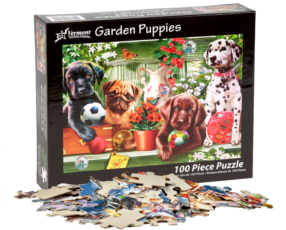 Garden Puppies Jigsaw Puzzle 100 Piece by Vermont Christmas Company - Large, Interlocking Pieces - Unique, Randomly Shaped Pieces - Perfect for Kids and Seniors Vermont Christmas Company