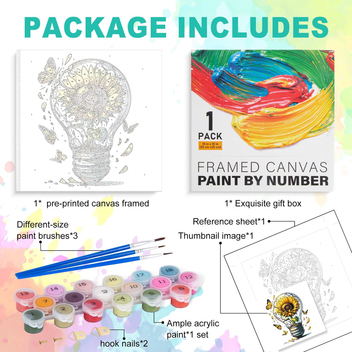 Framed Paint by Numbers Kit for Adults Beginner, Sunflower Easy Paint by Number Kits on Canvas Framed, Butterfly DIY Acrylic Oil Painting by Numbers with Frame for Gift Home Decor 10 x 10 inch GEEHEIY