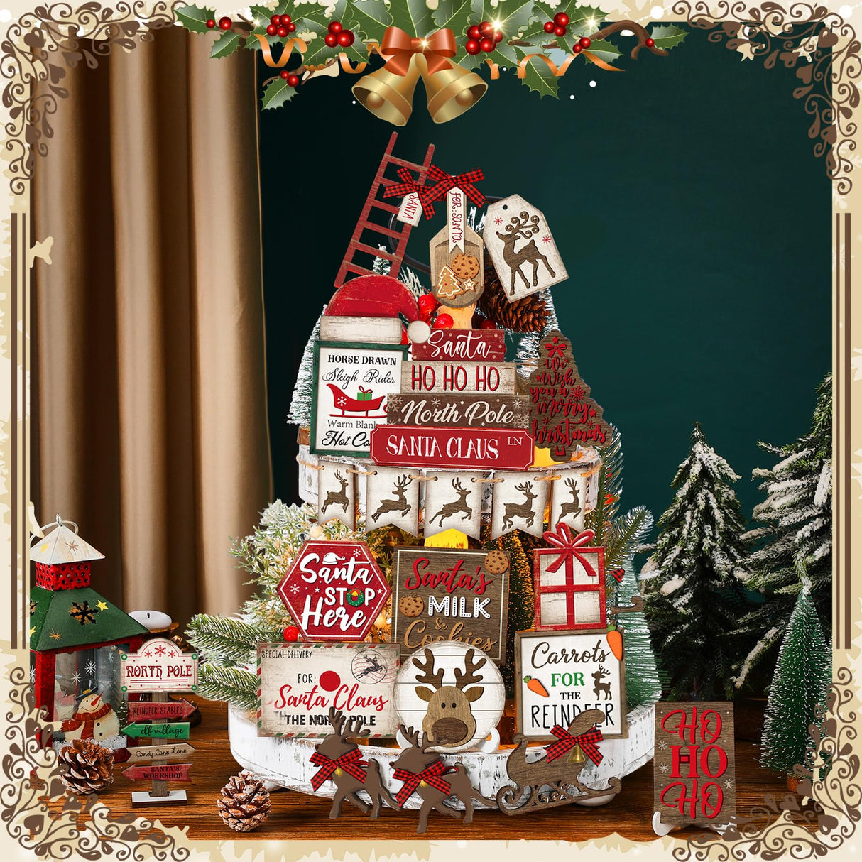 CroBlissful 23 Pcs Christmas Tiered Tray Decor Snowman Farmhouse Decor Christmas Sign Winter Table Centerpieces Winter Wood Blocks Signs for Home Shelf, Without Tray(Red,Elk) CroBlissful