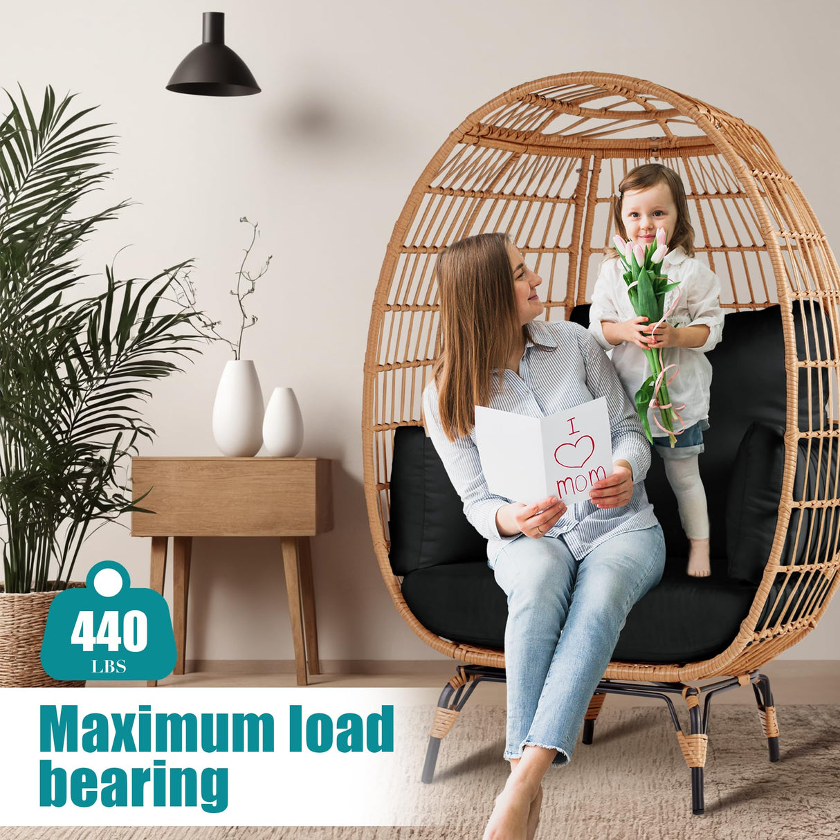 OTSUN Outdoor Egg Chair Set of 2, PE Wicker Chair with 4 Thicken Cushions, Oversized Indoor Chairs with Durable Steel Frame Perfect for Balcony, Backyard, Bedroom, Patio Chairs 440 lbs Capacity, Black OTSUN