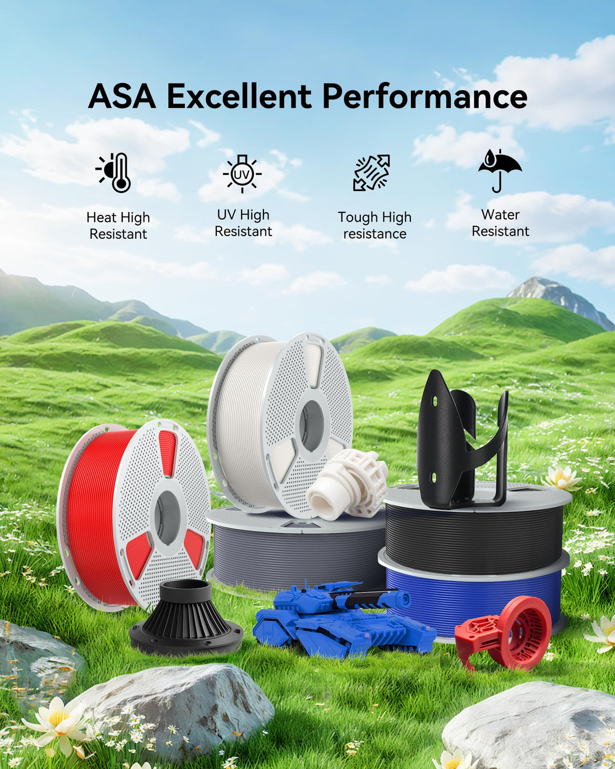 SUNLU 8 Packs ASA Filament 1.75mm, UV/Rain/Heat Resistant 3D Printer Filament, Great 3D Filament for Outdoor, 2kg in Total, 0.25kg per Spool, 8 Colors, Black+Natural+Grey+Blue+Green+Red+Orange+Purple SUNLU